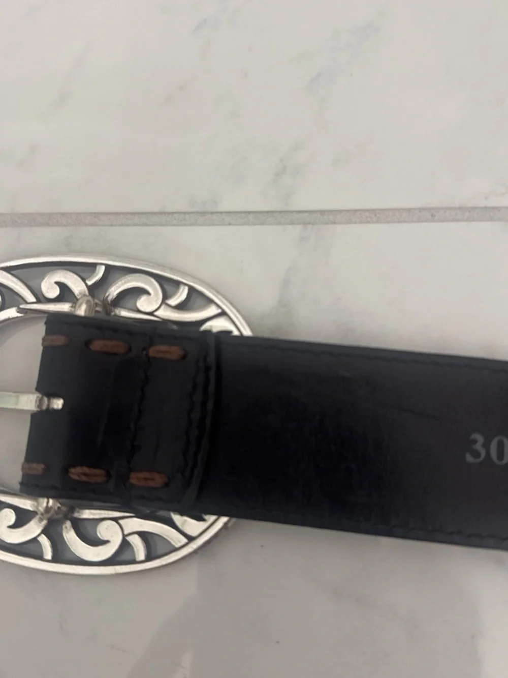 Brighton Black Leather Belt with Silver Filigree Oval Buckle